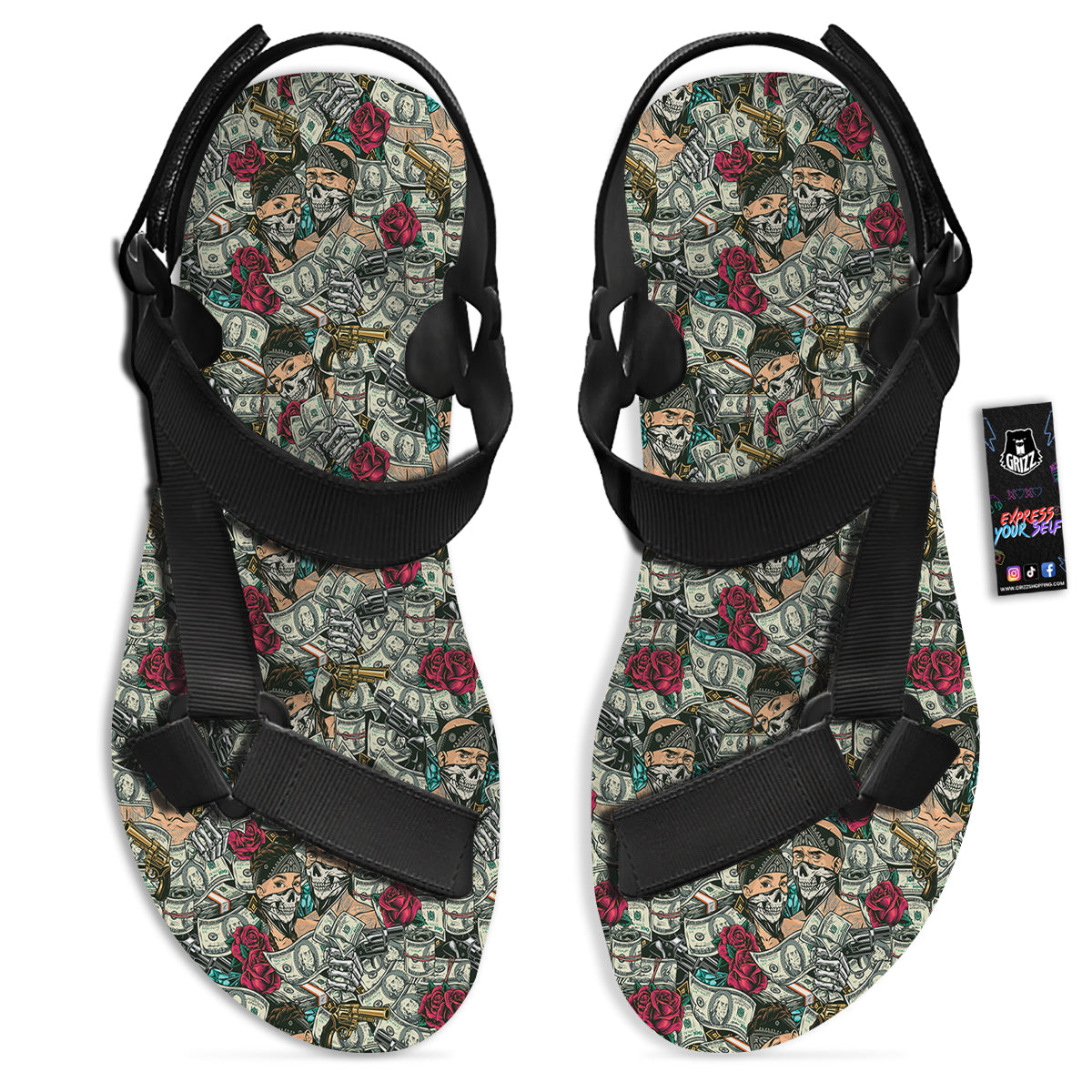 Gang Gun And Money Vintage Print Pattern Black Open Toe Sandals-grizzshop