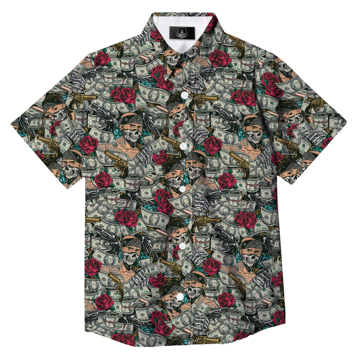 Gang Gun And Money Vintage Print Pattern Button Up Shirt-grizzshop