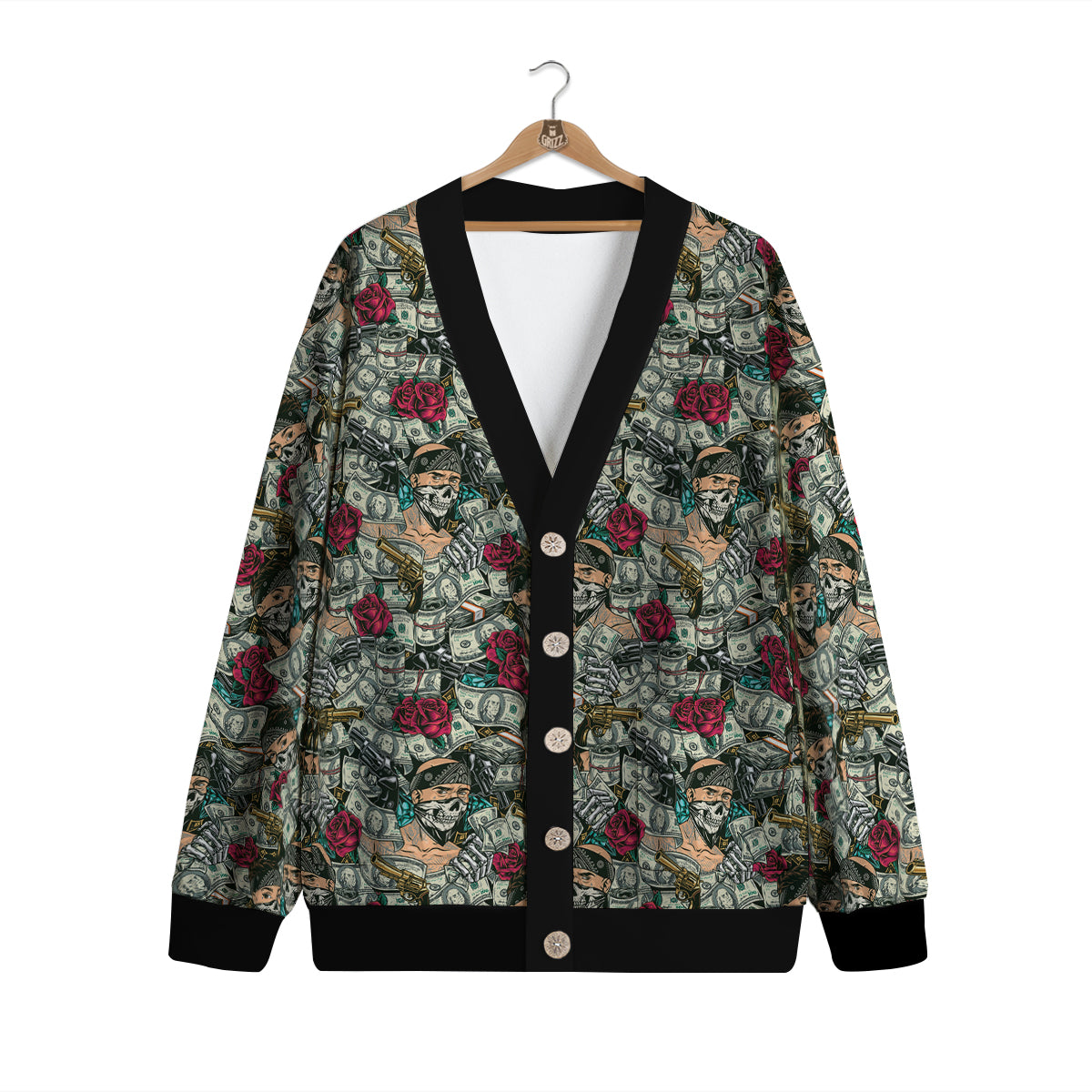 Gang Gun And Money Vintage Print Pattern Cardigan-grizzshop