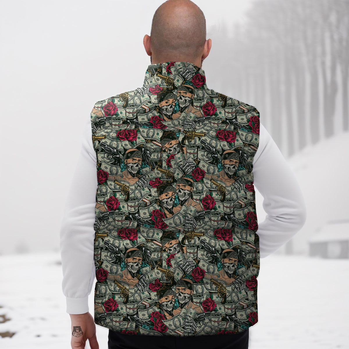 Gang Gun And Money Vintage Print Pattern Down Vest