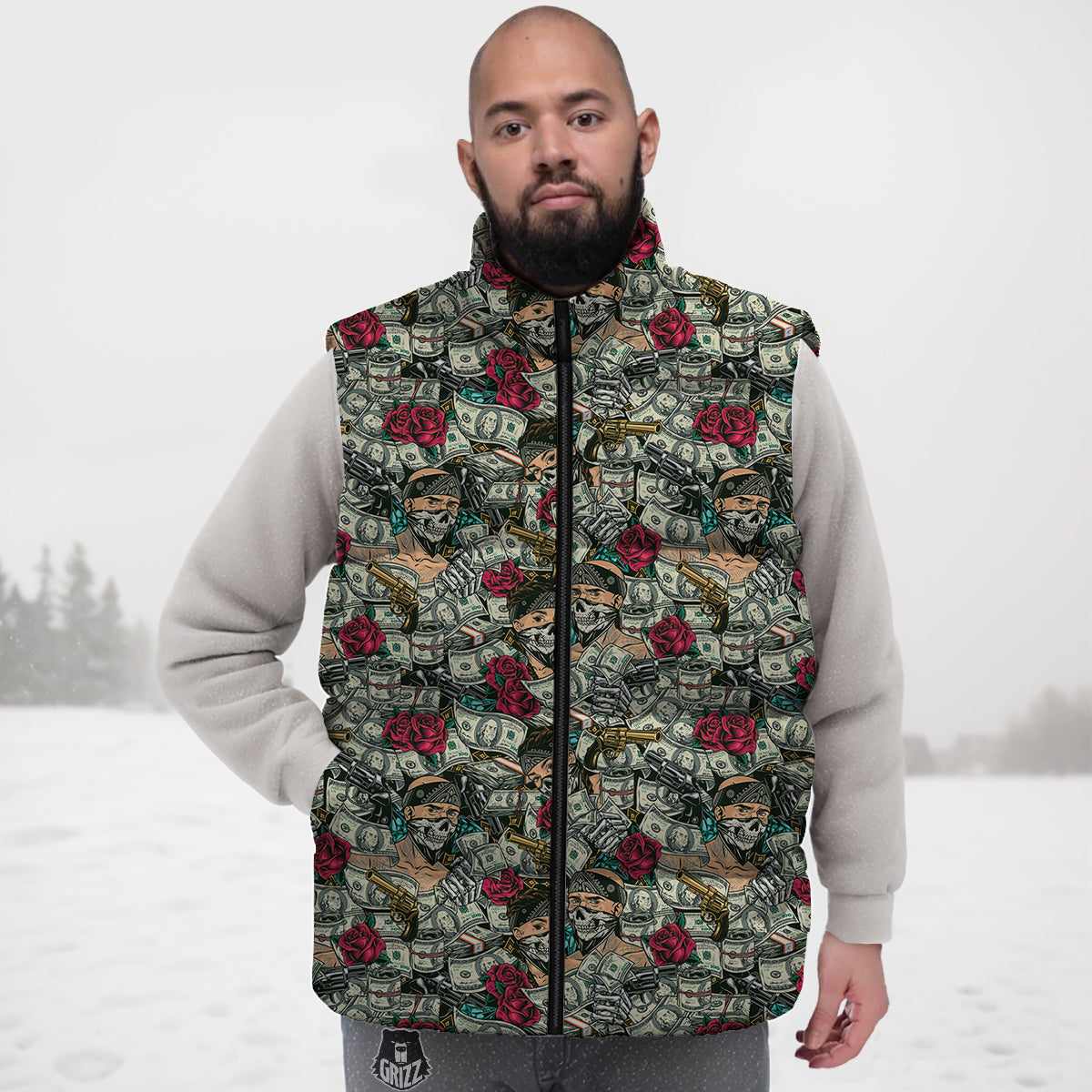 Gang Gun And Money Vintage Print Pattern Down Vest