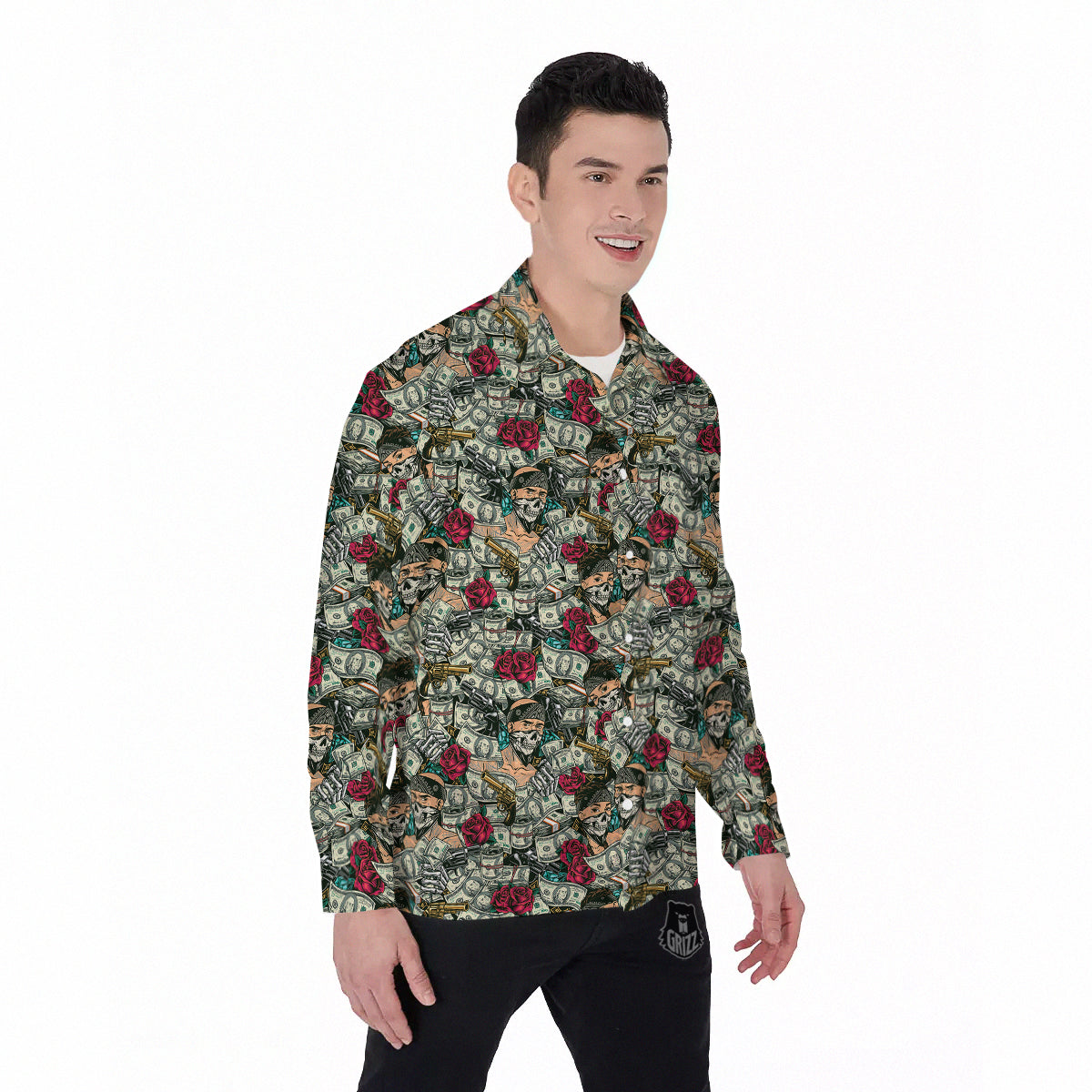 Gang Gun And Money Vintage Print Pattern Men's Long Sleeve Shirts-grizzshop