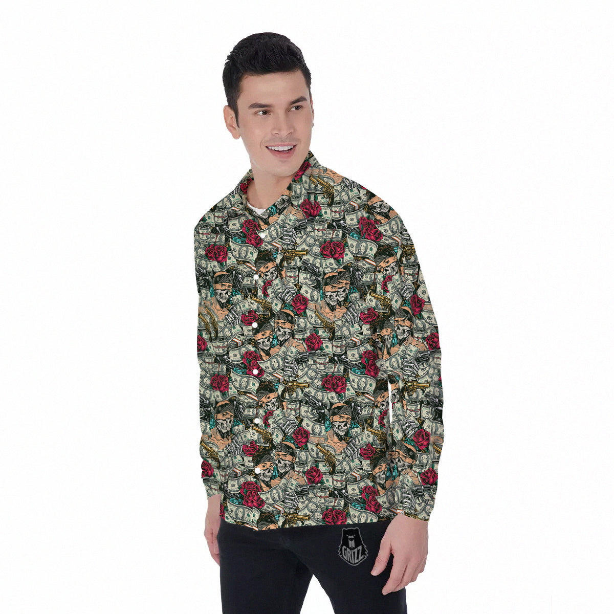 Gang Gun And Money Vintage Print Pattern Men's Long Sleeve Shirts-grizzshop