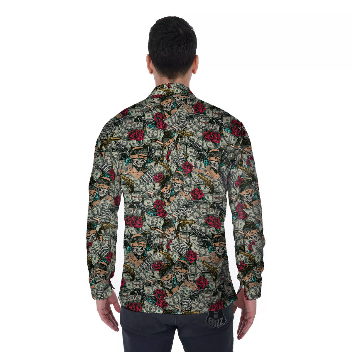 Gang Gun And Money Vintage Print Pattern Men's Long Sleeve Shirts-grizzshop