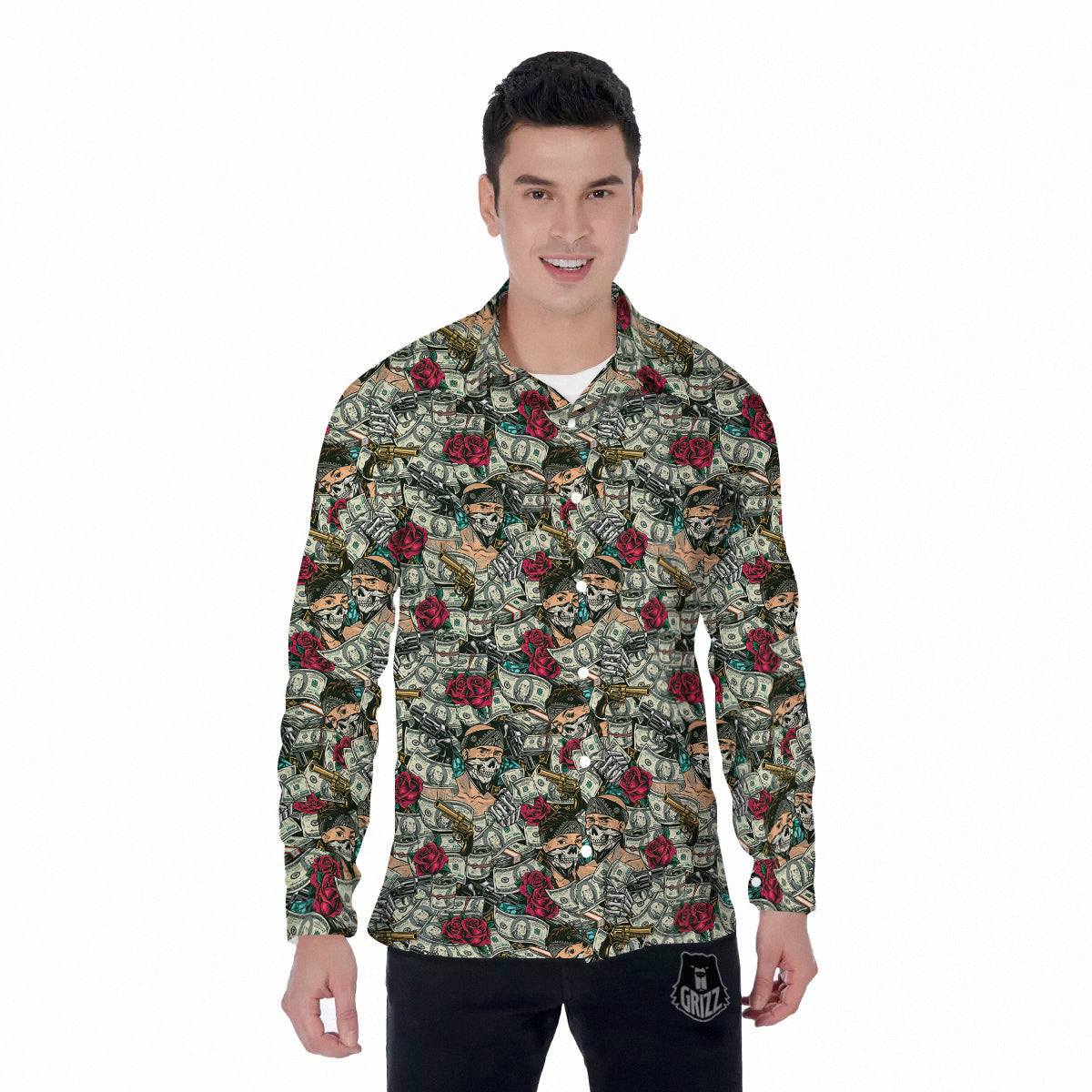 Gang Gun And Money Vintage Print Pattern Men's Long Sleeve Shirts-grizzshop