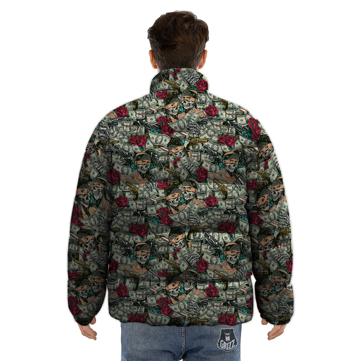 Gang Gun And Money Vintage Print Pattern Puffer Jacket-grizzshop