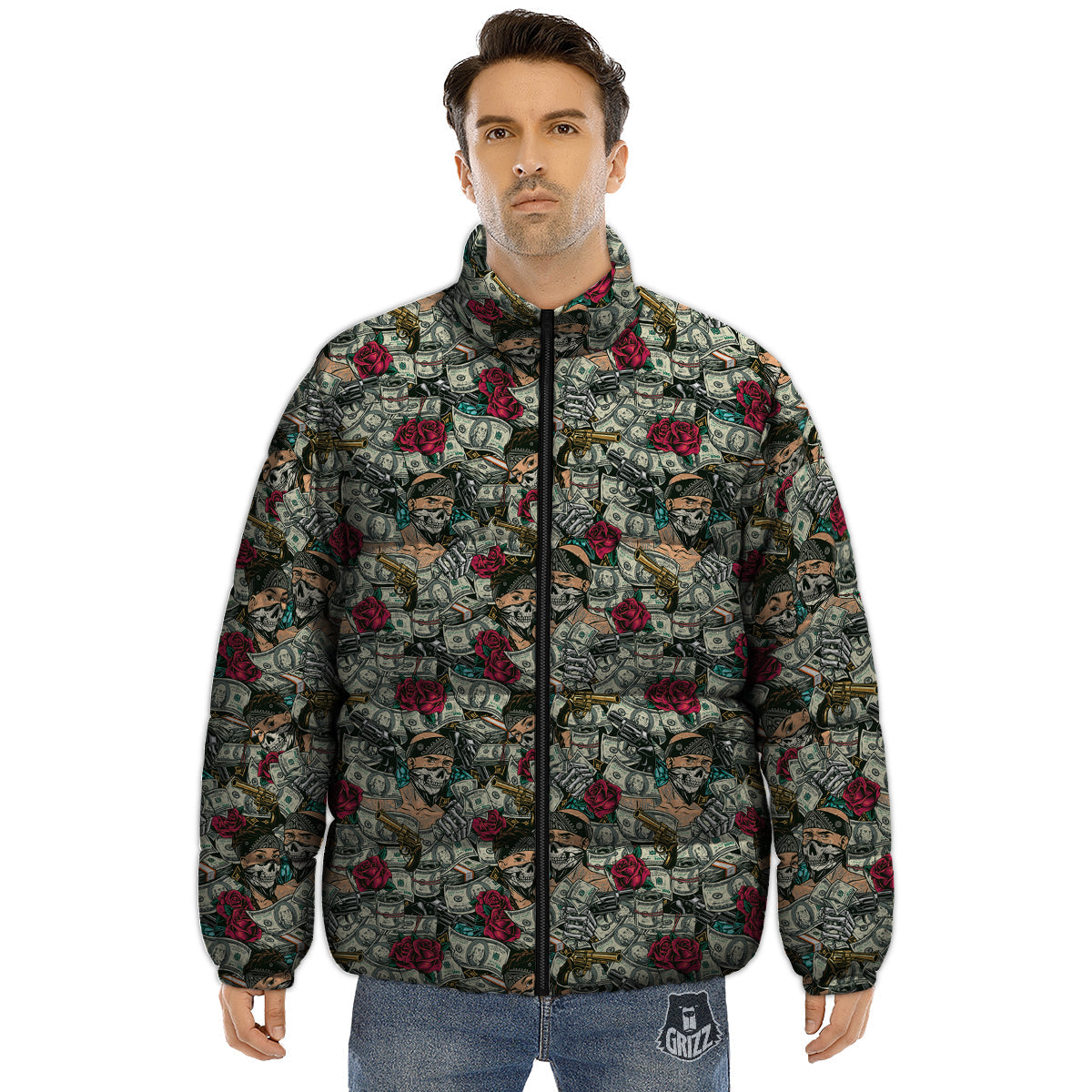 Gang Gun And Money Vintage Print Pattern Puffer Jacket-grizzshop