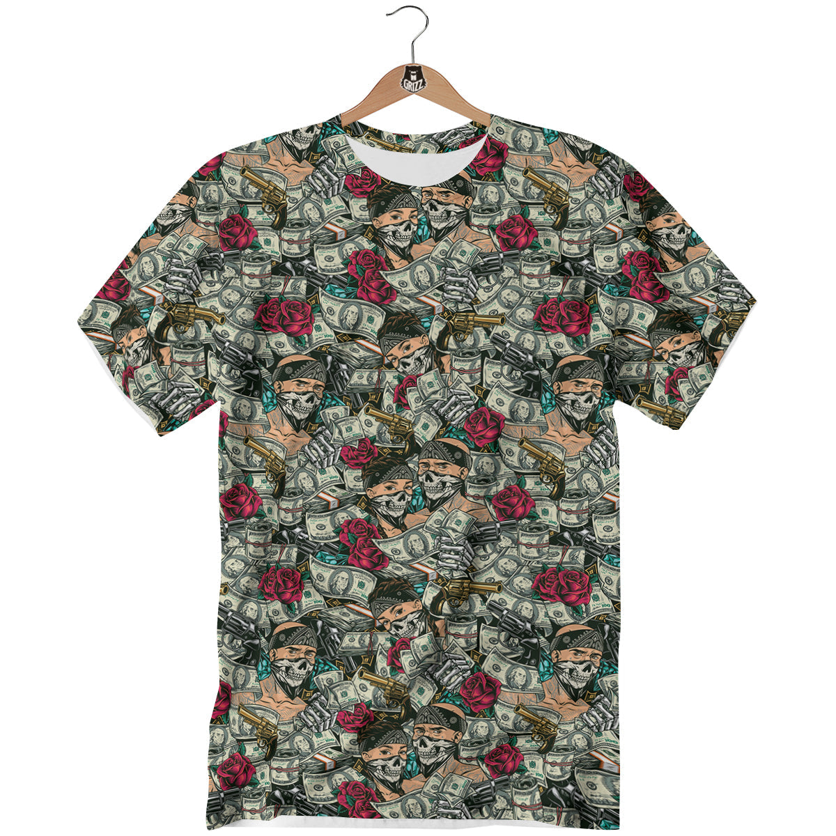 Gang Gun And Money Vintage Print Pattern T-Shirt-grizzshop