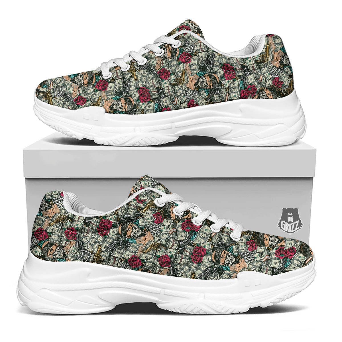 Gang Gun And Money Vintage Print Pattern White Chunky Shoes-grizzshop
