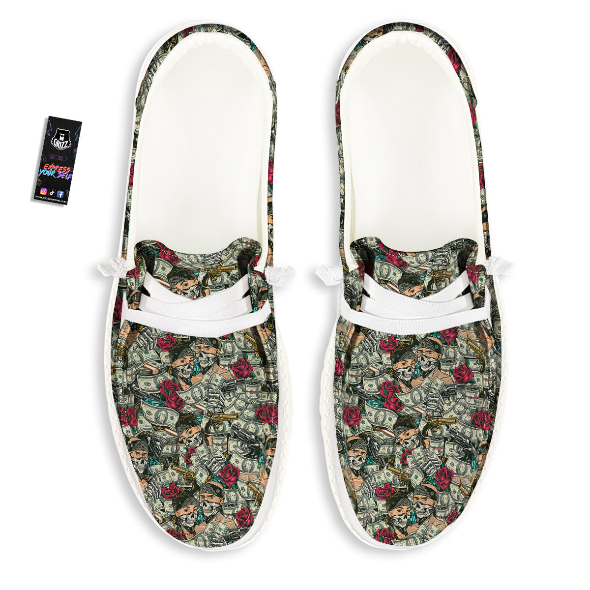 Gang Gun And Money Vintage Print Pattern White Loafers-grizzshop