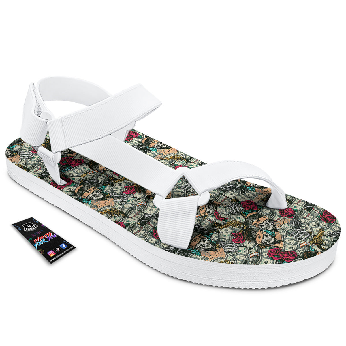 Gang Gun And Money Vintage Print Pattern White Open Toe Sandals-grizzshop