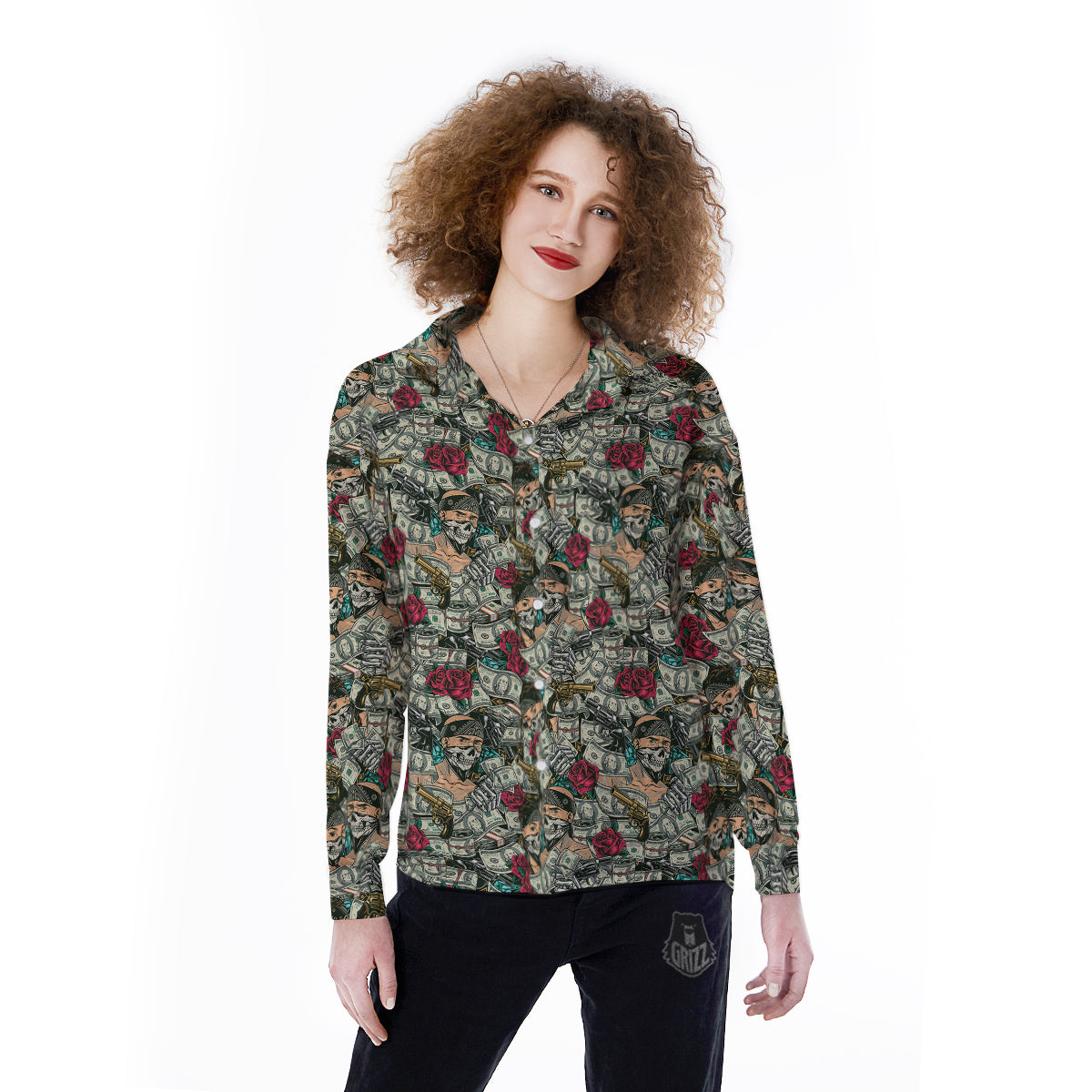 Gang Gun And Money Vintage Print Pattern Women's Long Sleeve Shirts-grizzshop