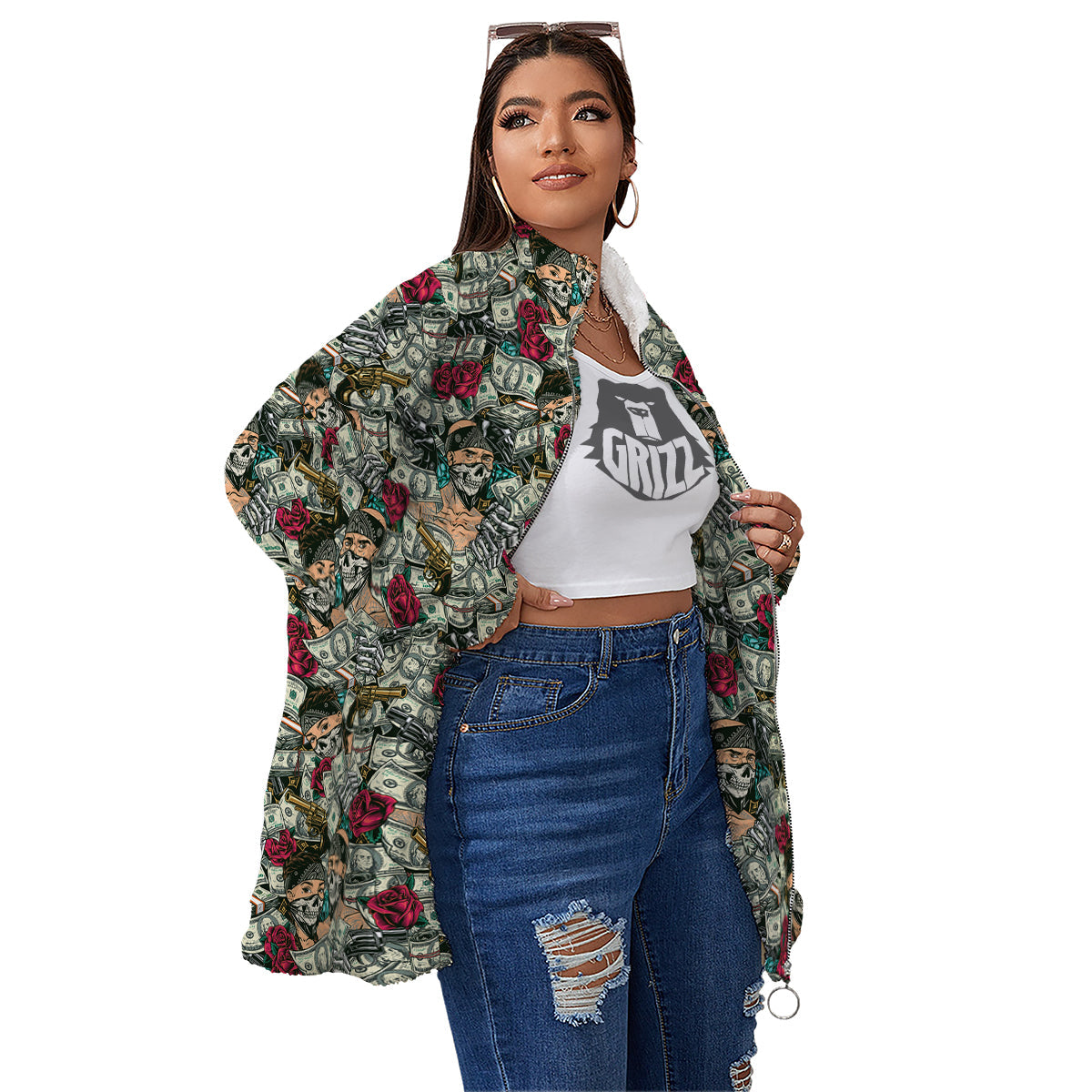 Gang Gun And Money Vintage Print Pattern Women's Sherpa Jacket-grizzshop