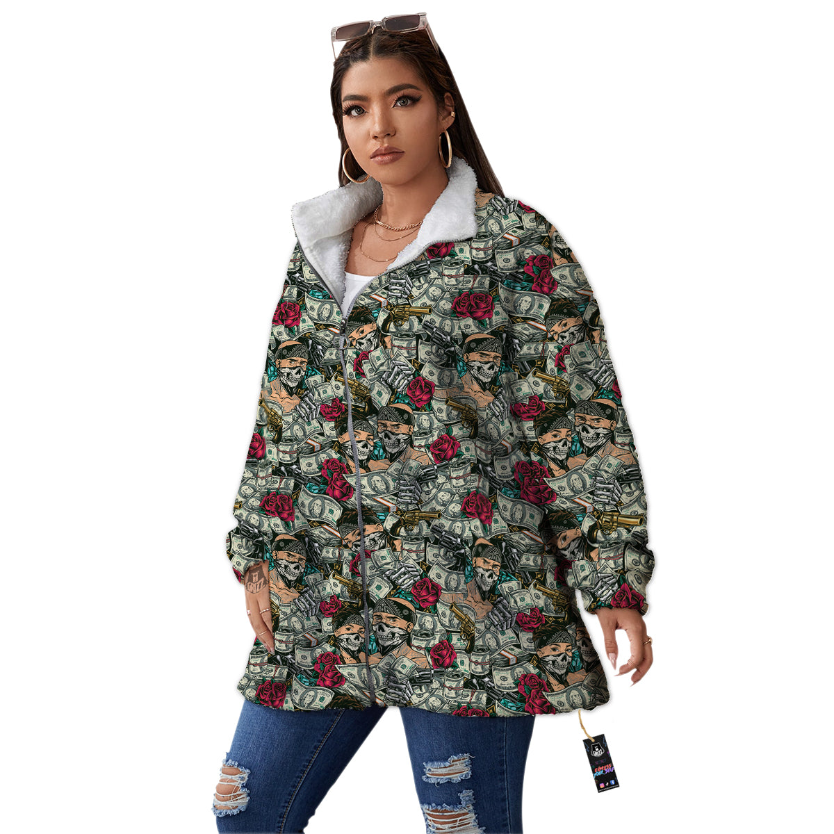 Gang Gun And Money Vintage Print Pattern Women's Sherpa Jacket-grizzshop