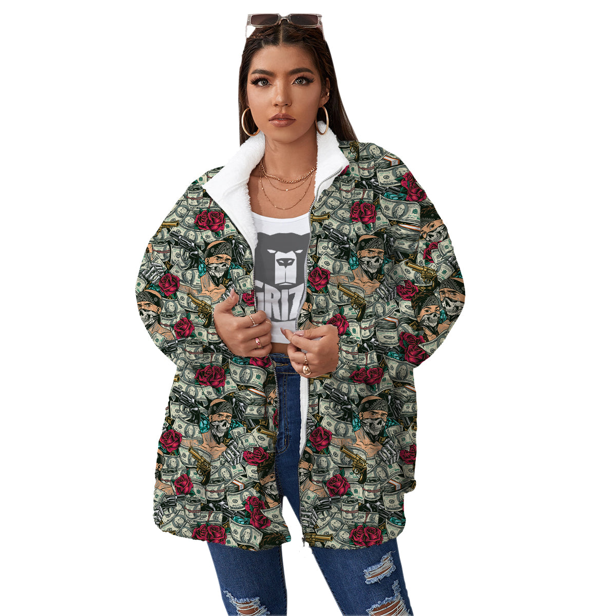 Gang Gun And Money Vintage Print Pattern Women's Sherpa Jacket-grizzshop