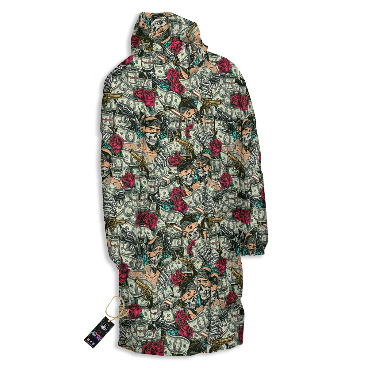 Gang Gun And Money Vintage Print Pattern Long Down Jacket