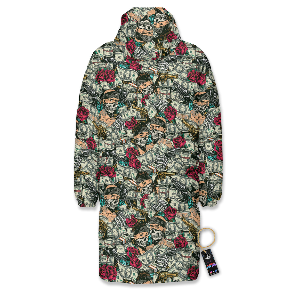 Gang Gun And Money Vintage Print Pattern Long Down Jacket