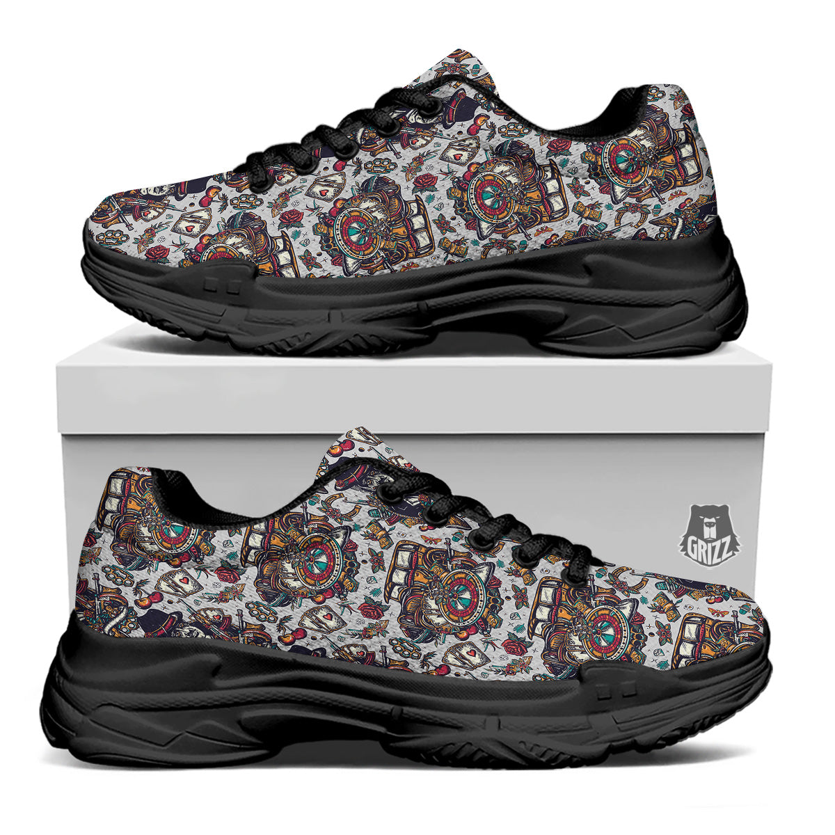 Gangsters And Criminal Tattoo Print Pattern Black Chunky Shoes-grizzshop
