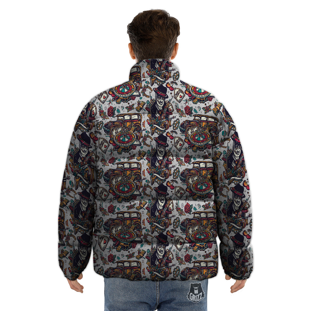 Gangsters And Criminal Tattoo Print Pattern Puffer Jacket-grizzshop