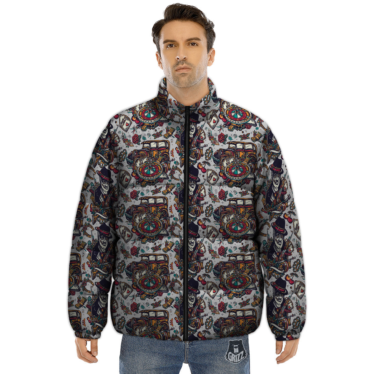 Gangsters And Criminal Tattoo Print Pattern Puffer Jacket-grizzshop