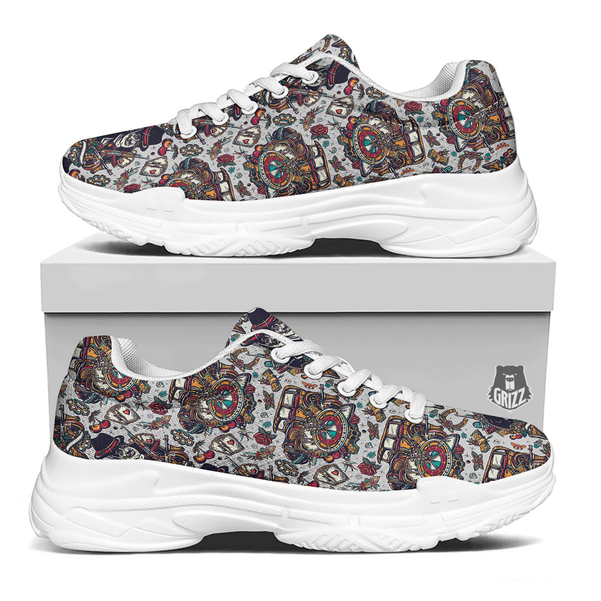 Gangsters And Criminal Tattoo Print Pattern White Chunky Shoes-grizzshop
