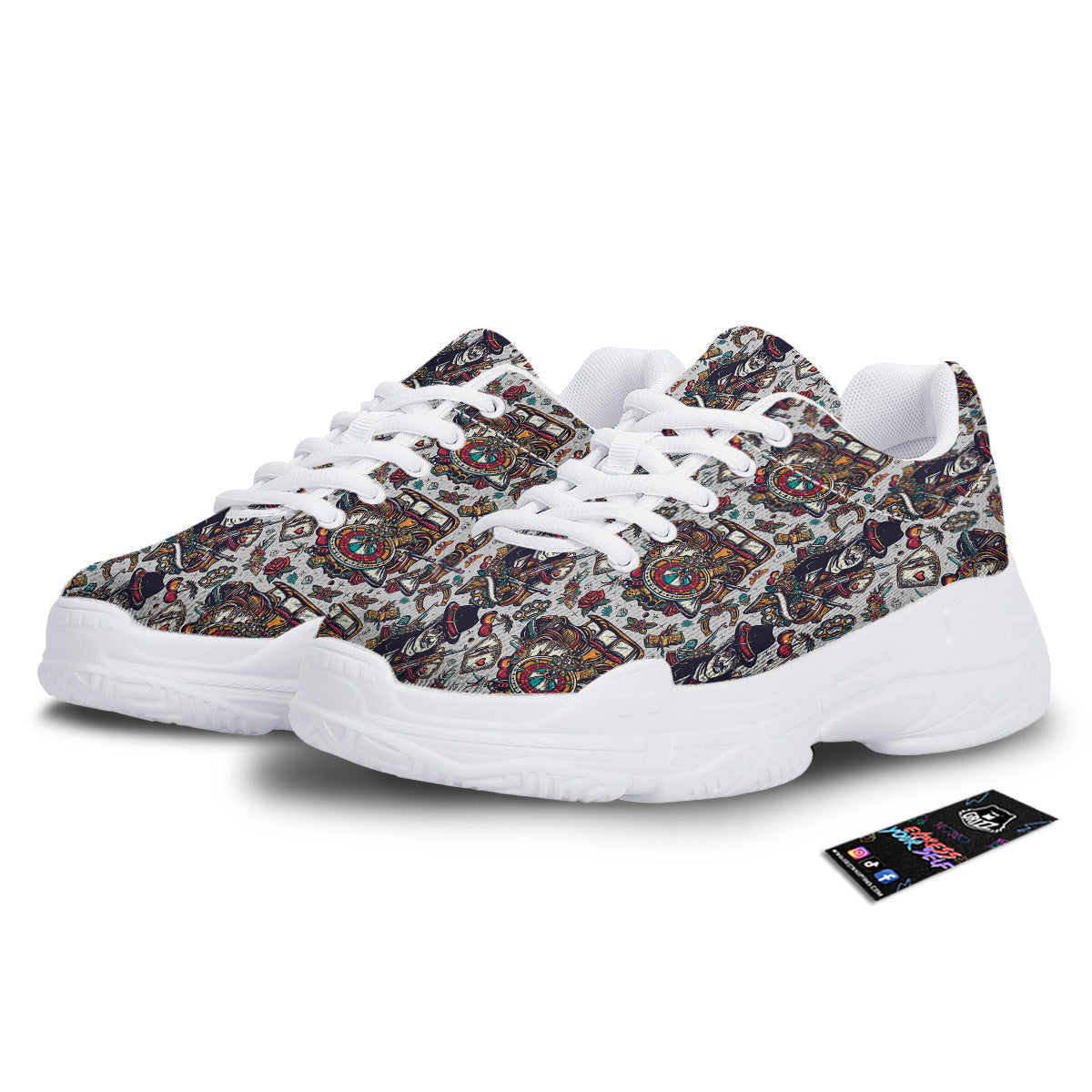 Gangsters And Criminal Tattoo Print Pattern White Chunky Shoes-grizzshop