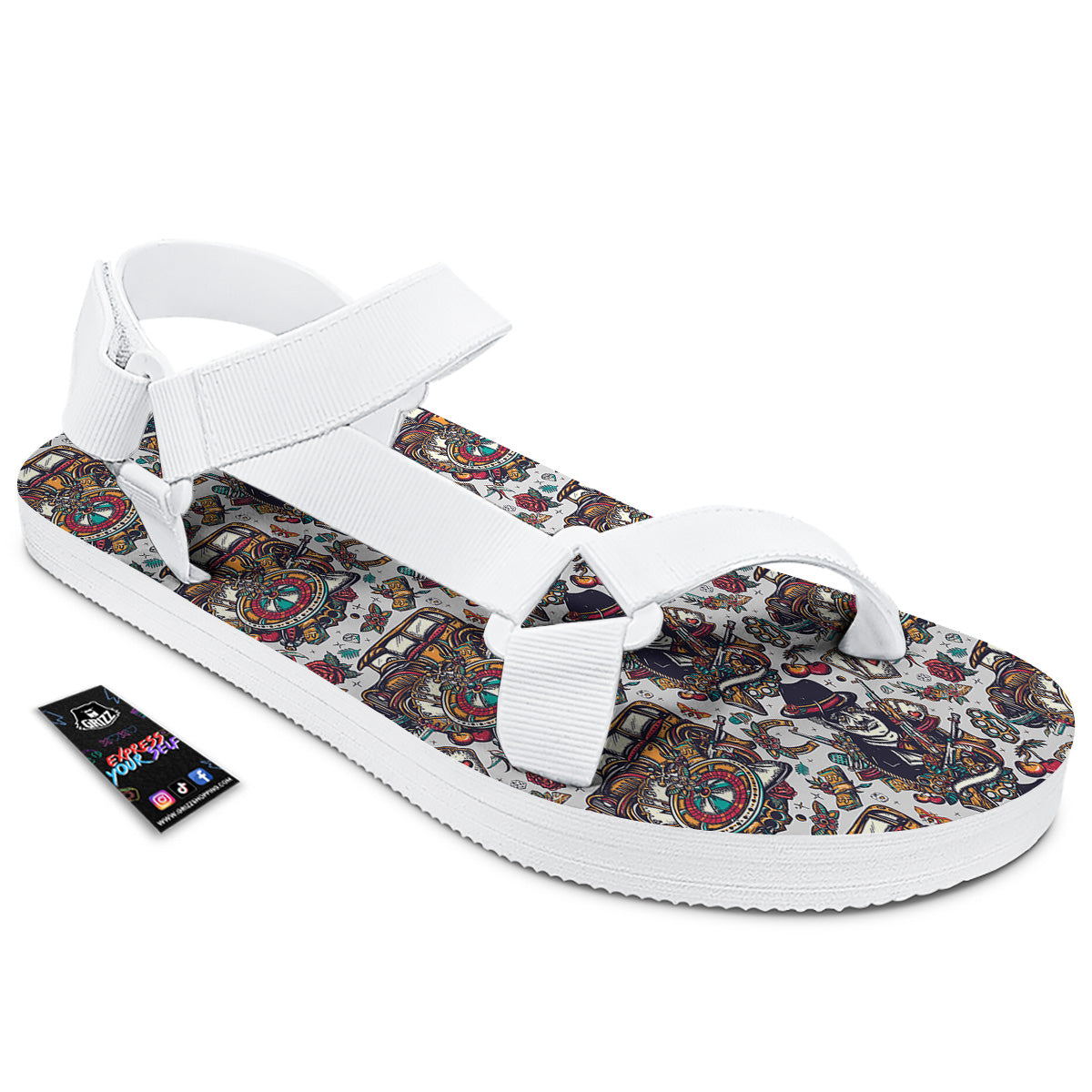 Gangsters And Criminal Tattoo Print Pattern White Open Toe Sandals-grizzshop