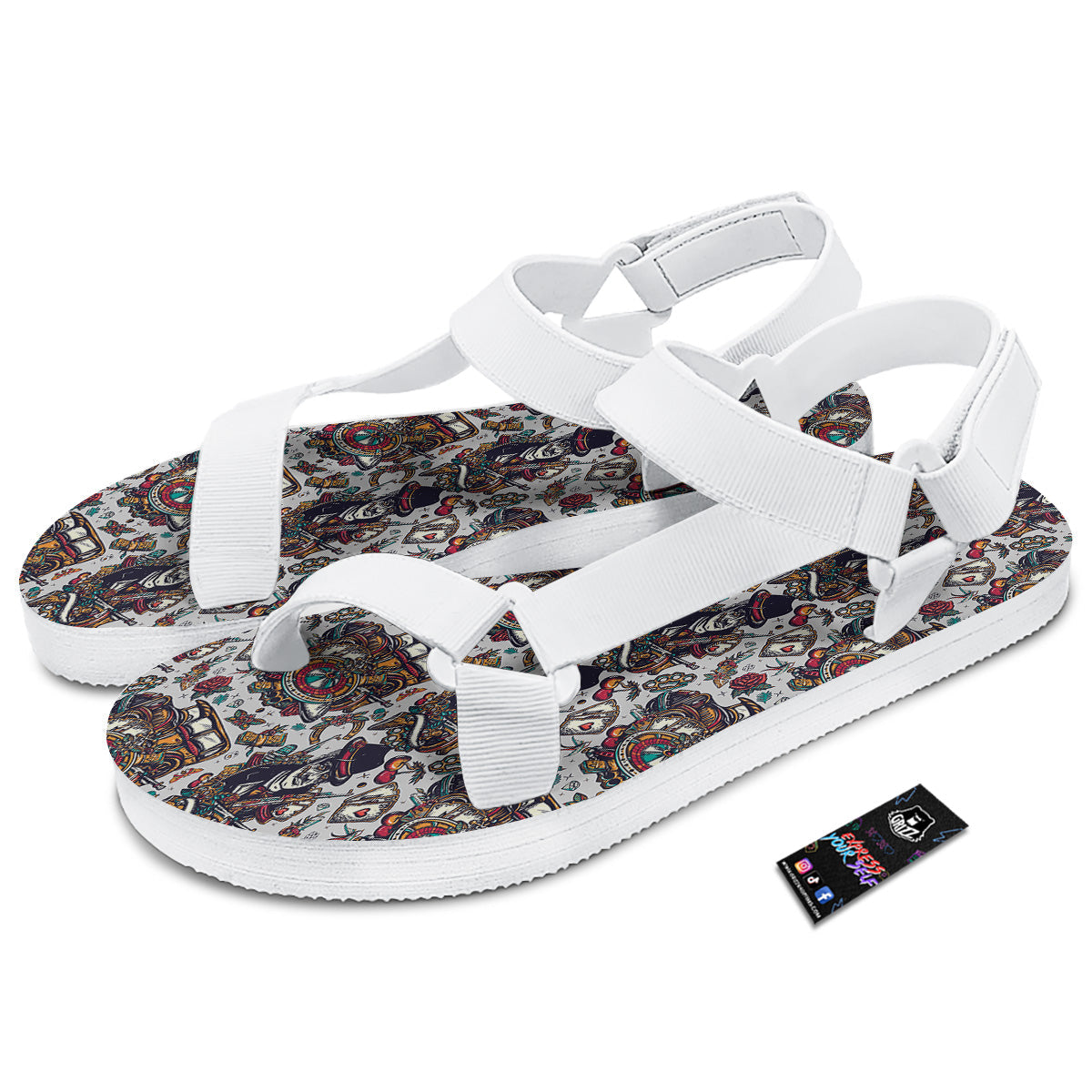 Gangsters And Criminal Tattoo Print Pattern White Open Toe Sandals-grizzshop