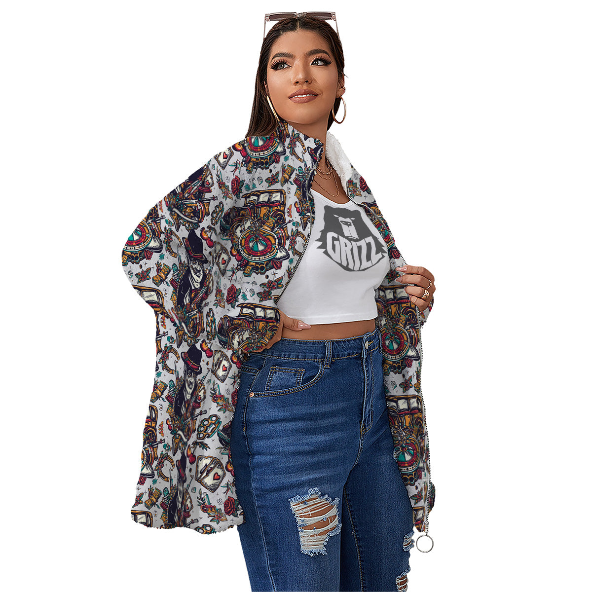 Gangsters And Criminal Tattoo Print Pattern Women's Sherpa Jacket-grizzshop