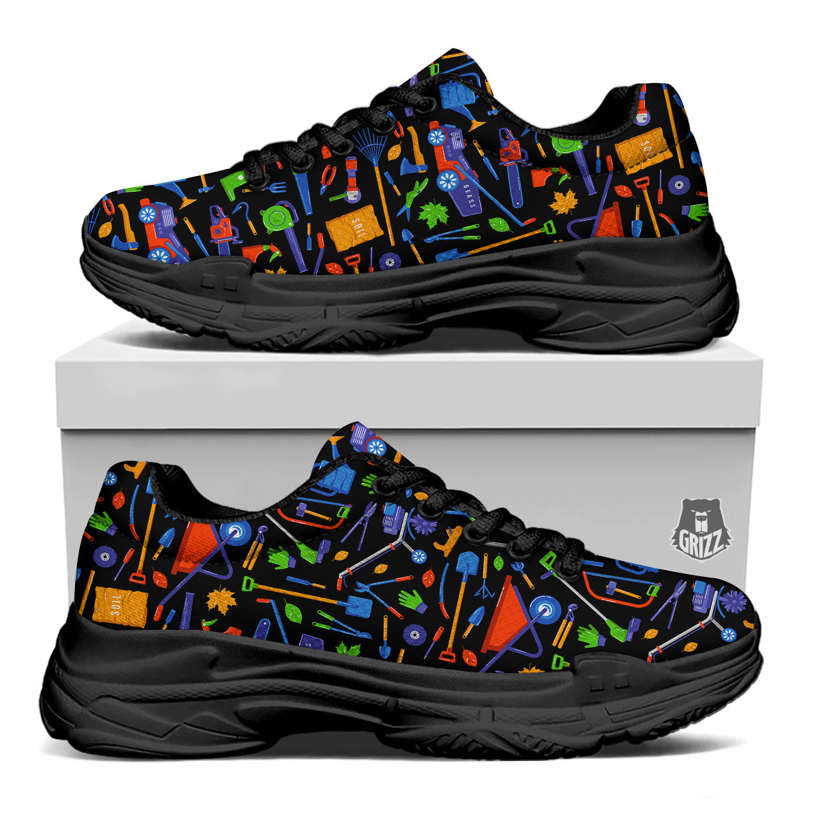 Garden Tools Print Pattern Black Chunky Shoes-grizzshop