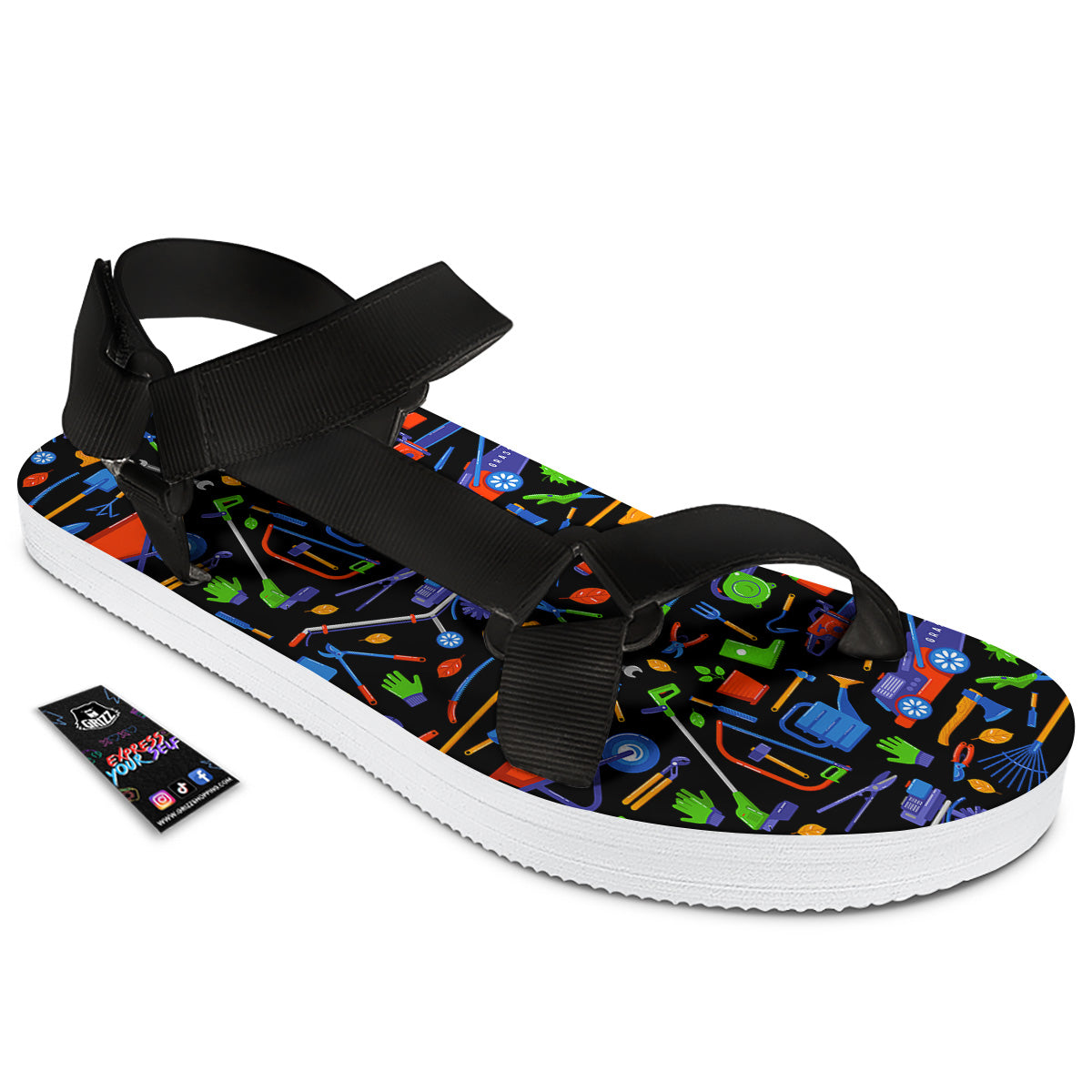 Garden Tools Print Pattern Black Open Toe Sandals-grizzshop