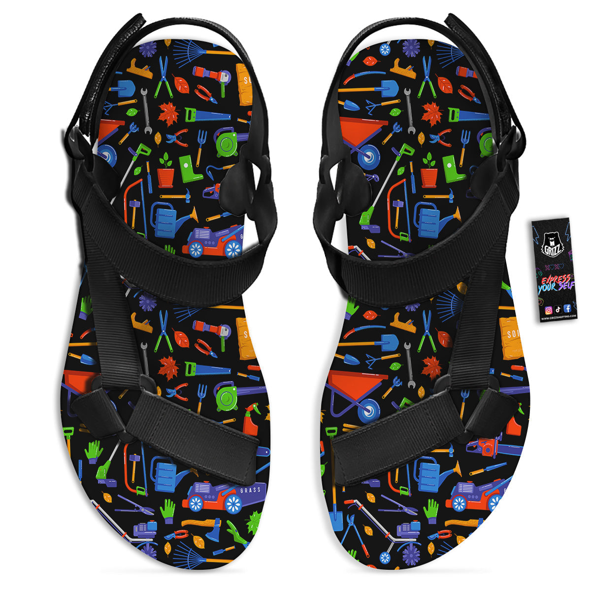 Garden Tools Print Pattern Black Open Toe Sandals-grizzshop