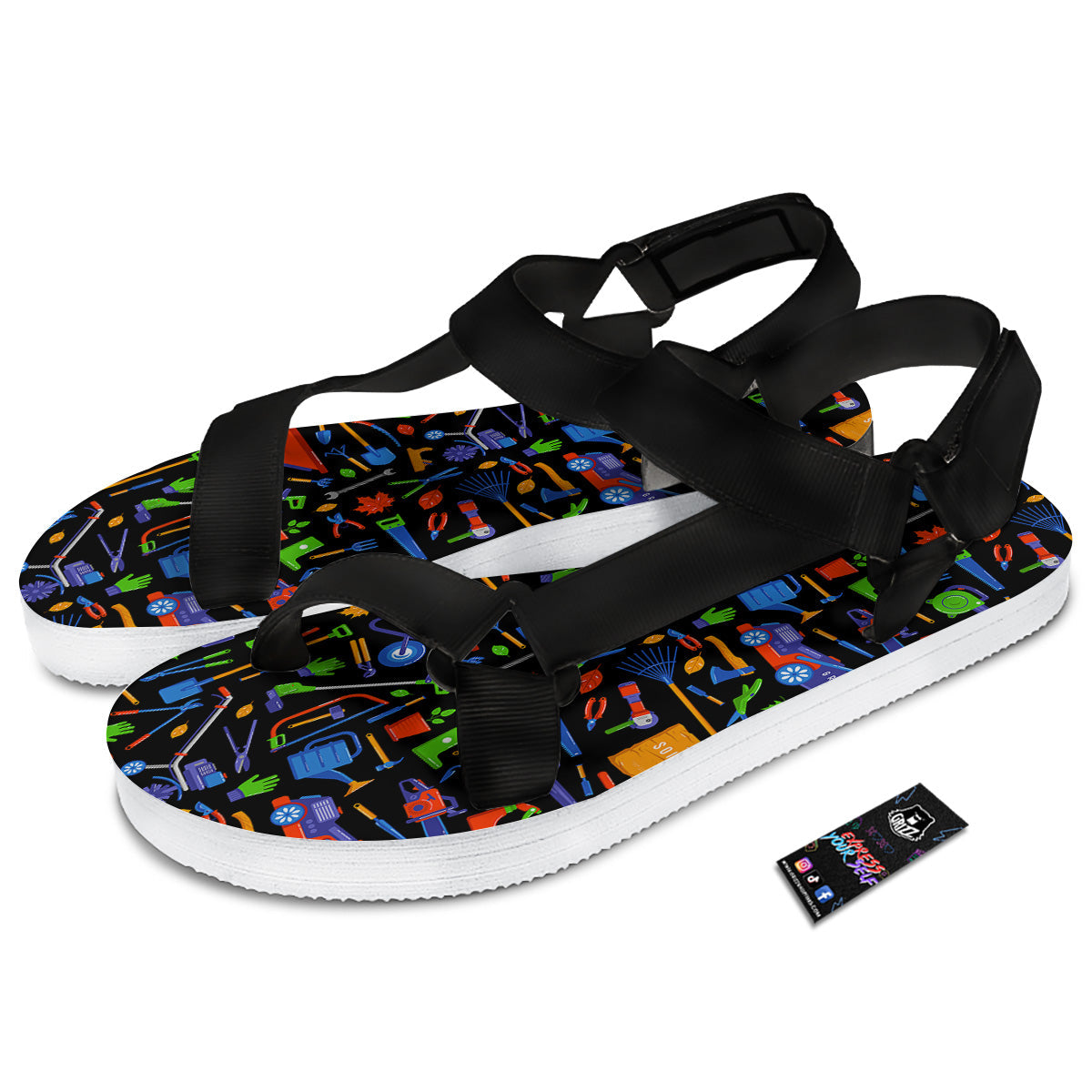 Garden Tools Print Pattern Black Open Toe Sandals-grizzshop