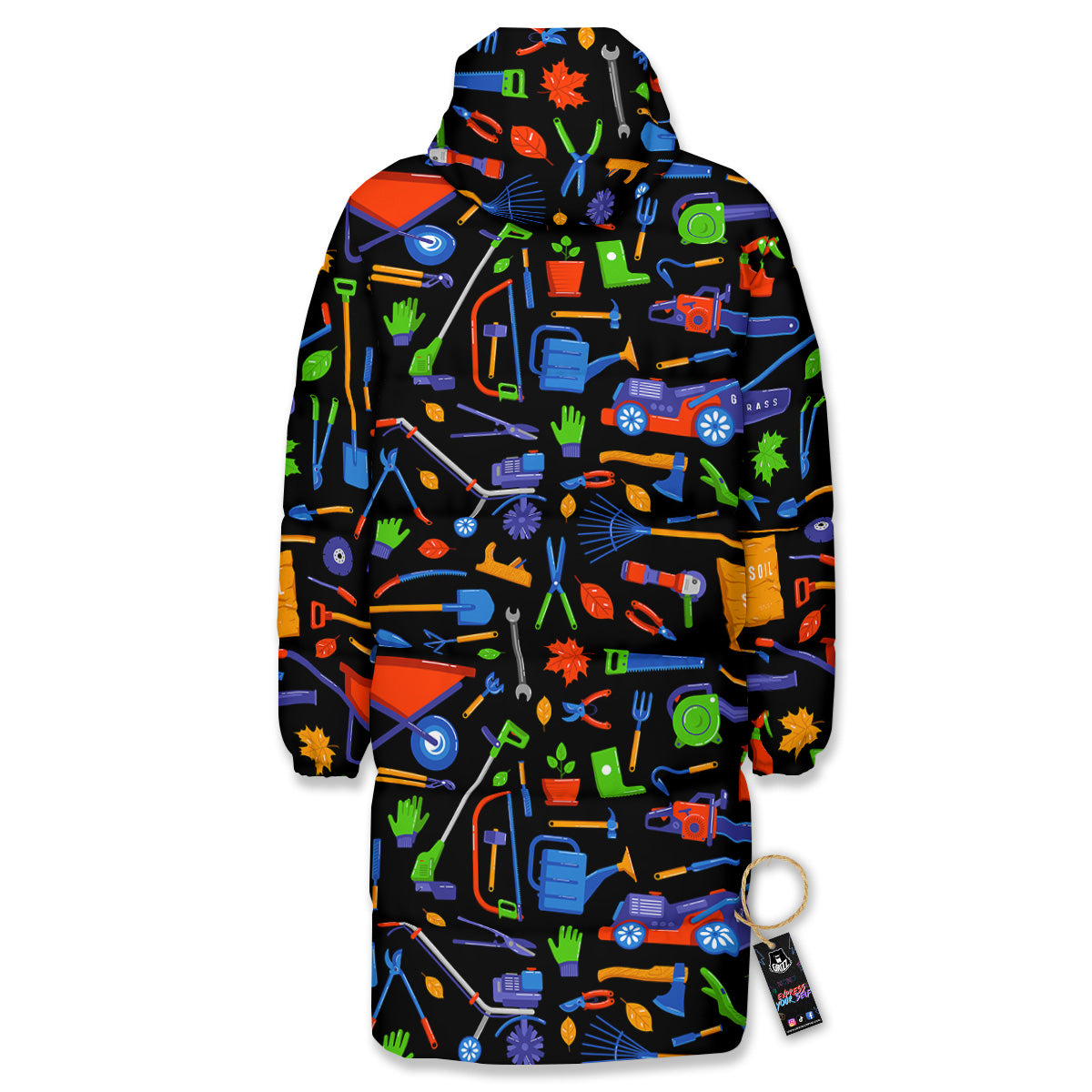 Garden Tools Print Pattern Long Down Jacket-grizzshop