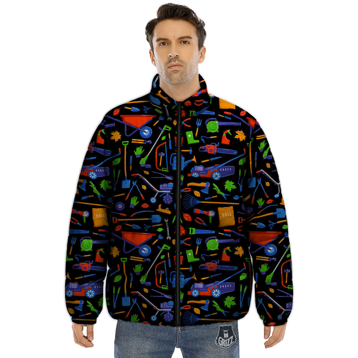 Garden Tools Print Pattern Puffer Jacket-grizzshop