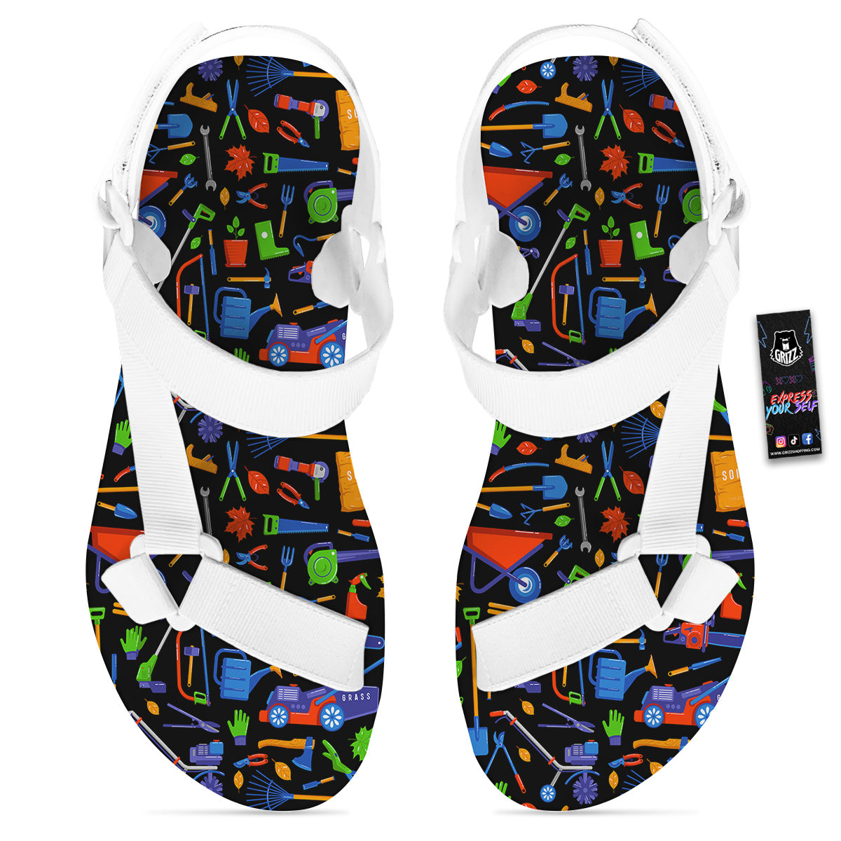 Garden Tools Print Pattern White Open Toe Sandals-grizzshop