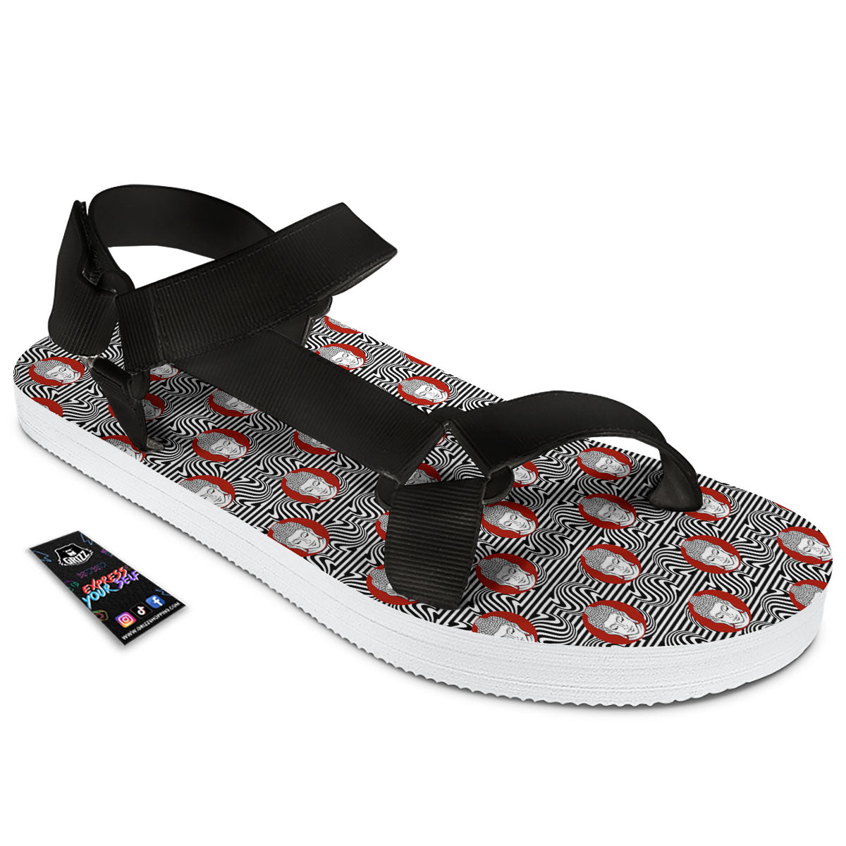 Gautama Buddha Print Pattern Black Open Toe Sandals-grizzshop