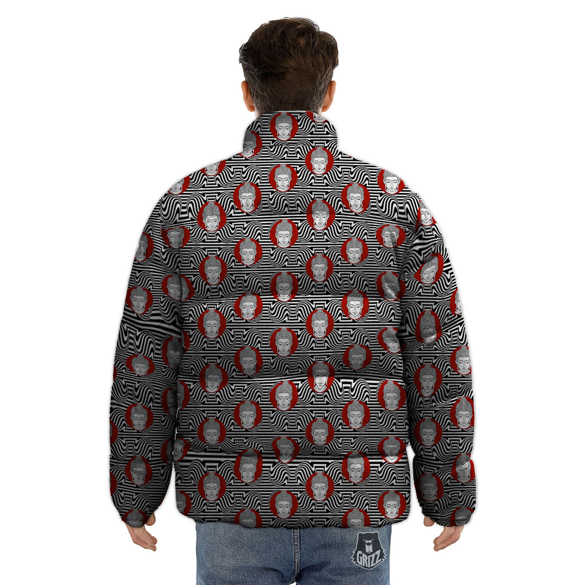 Gautama Buddha Print Pattern Puffer Jacket-grizzshop