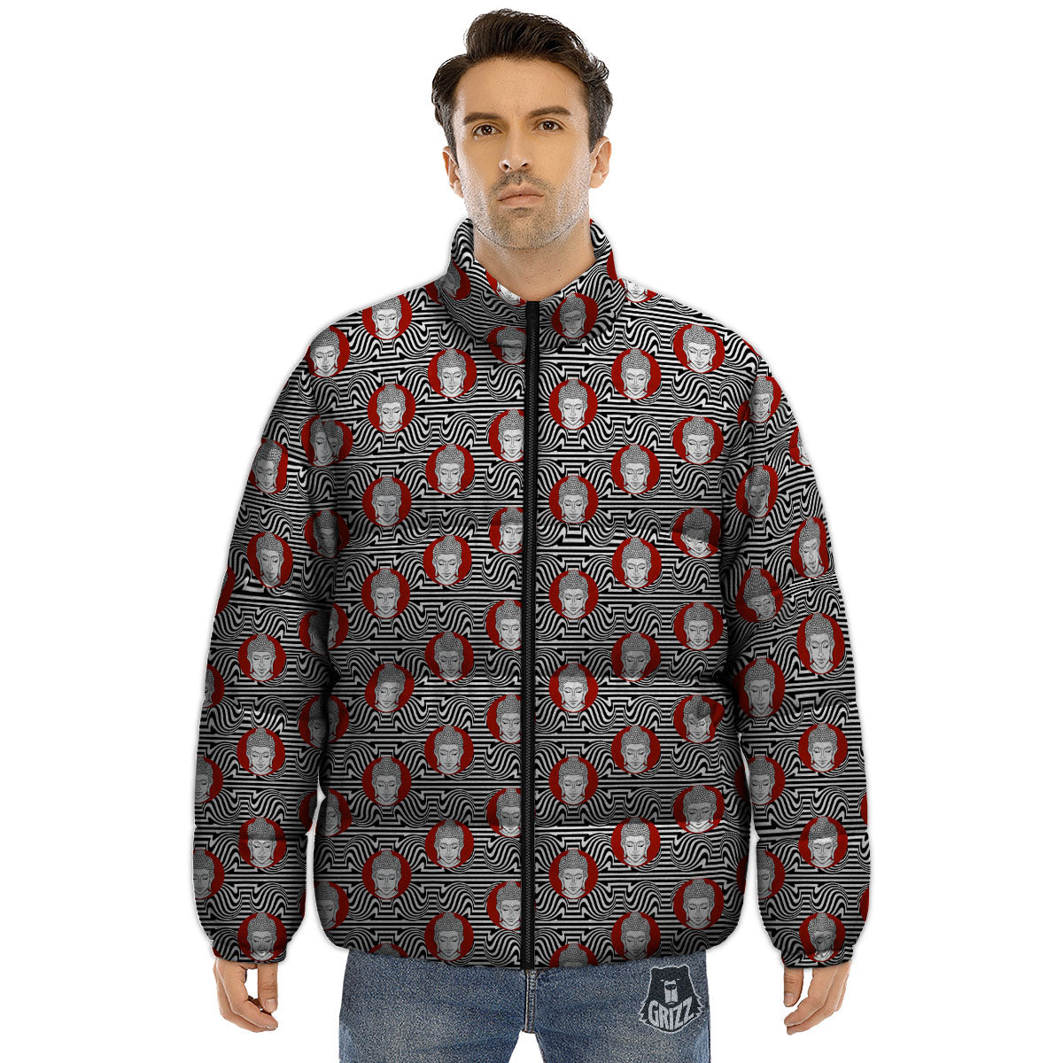 Gautama Buddha Print Pattern Puffer Jacket-grizzshop