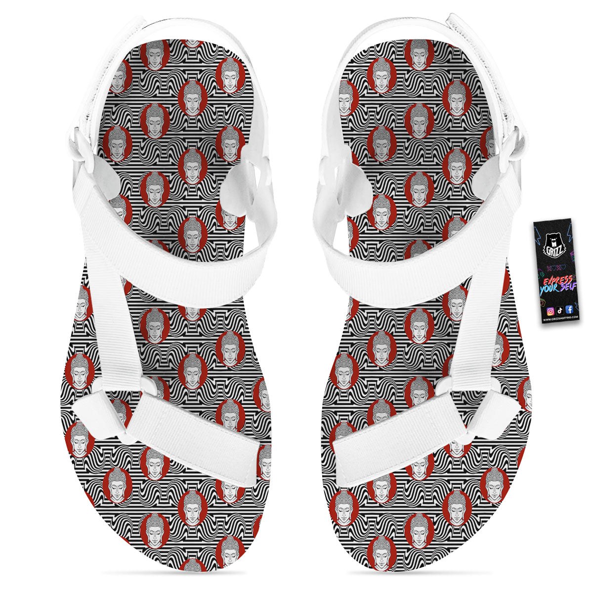 Gautama Buddha Print Pattern White Open Toe Sandals-grizzshop