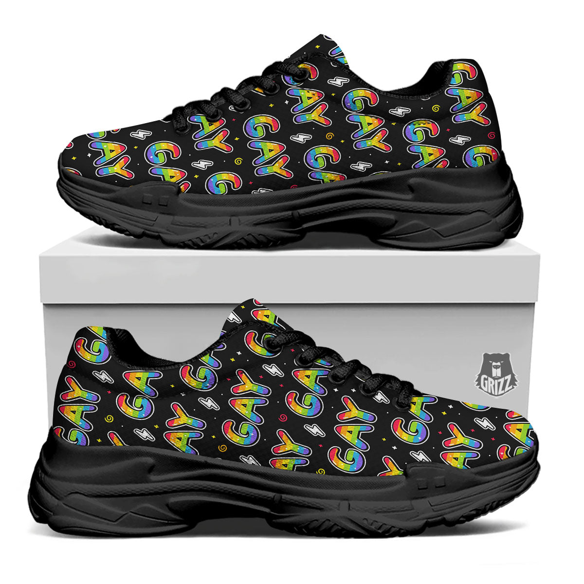 Gay Pride Rainbow Print Pattern Black Chunky Shoes-grizzshop