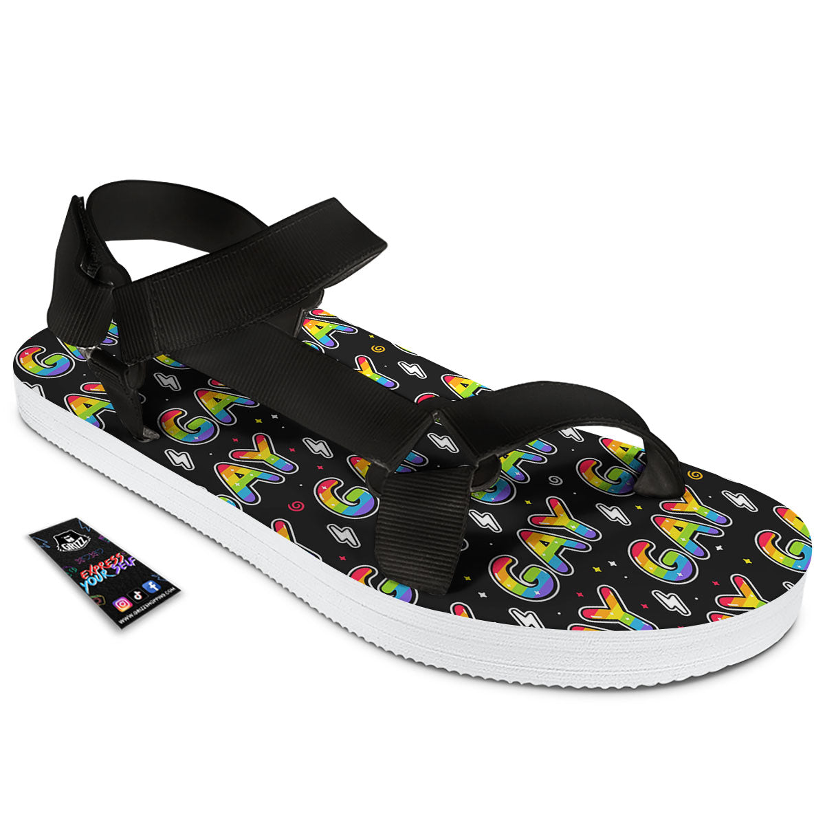 Gay Pride Rainbow Print Pattern Black Open Toe Sandals-grizzshop