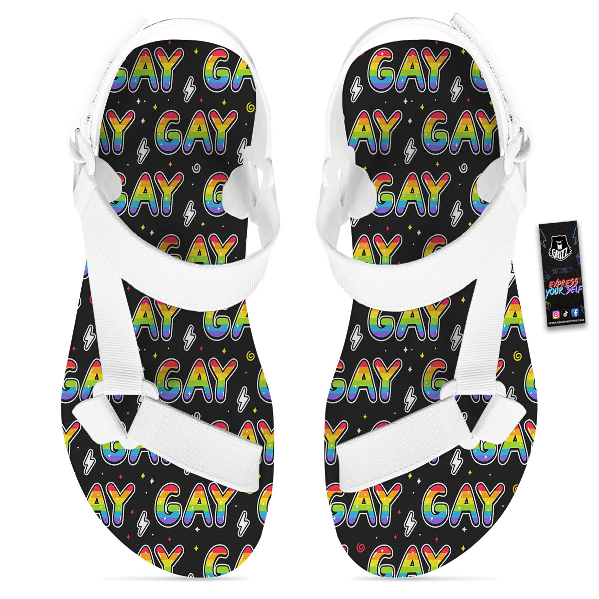 Gay Pride Rainbow Print Pattern White Open Toe Sandals-grizzshop