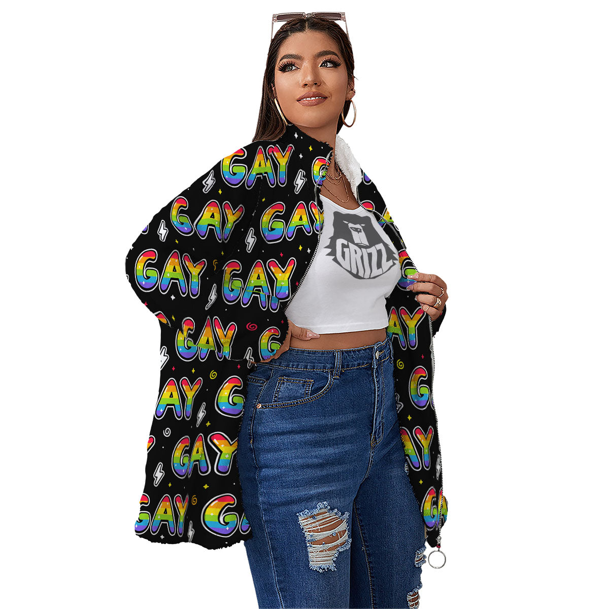 Gay Pride Rainbow Print Pattern Women's Sherpa Jacket-grizzshop