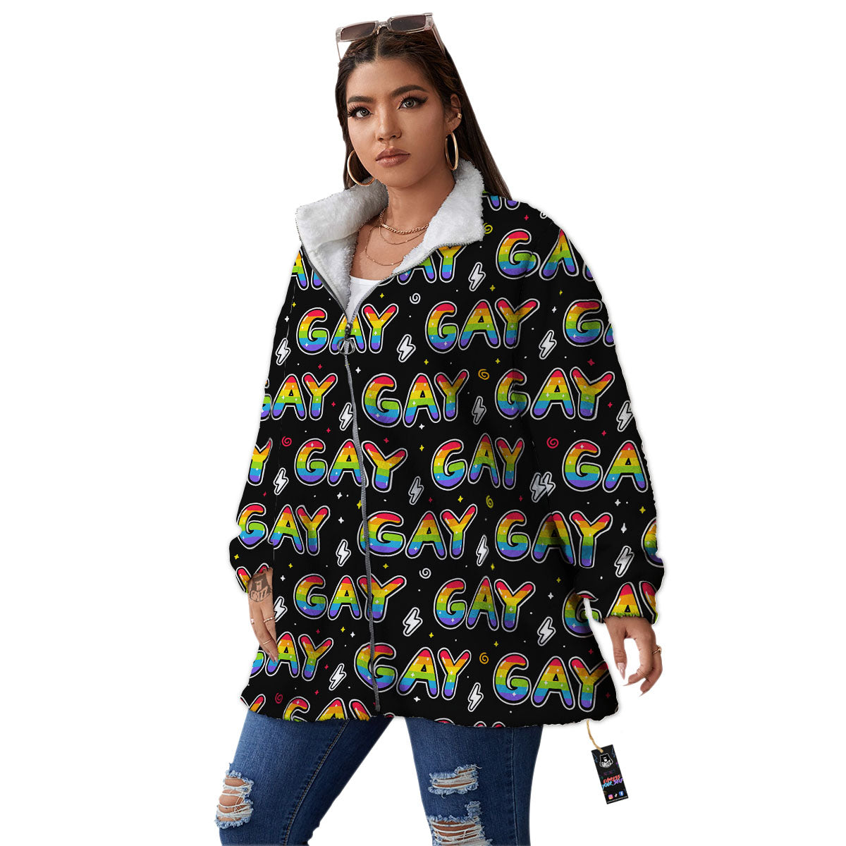 Gay Pride Rainbow Print Pattern Women's Sherpa Jacket-grizzshop