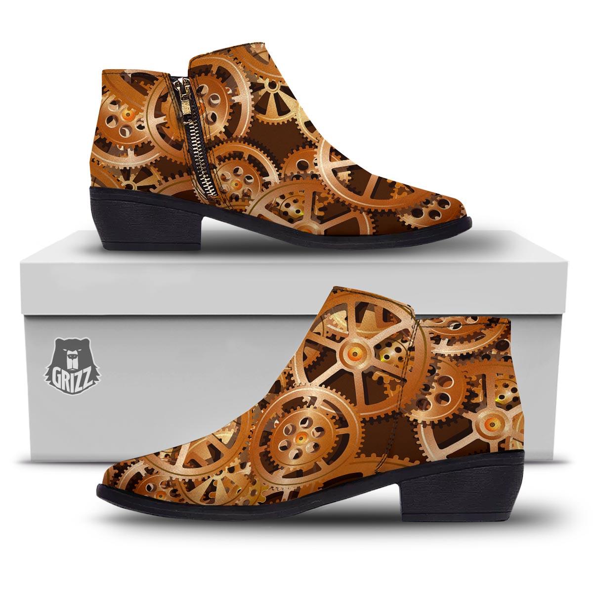 Gears And Steampunk Cogs Print Ankle Boots-grizzshop