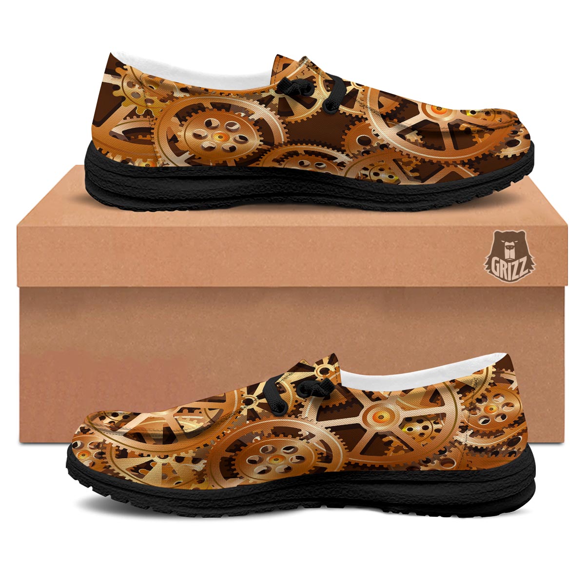 Gears And Steampunk Cogs Print Black Loafers-grizzshop