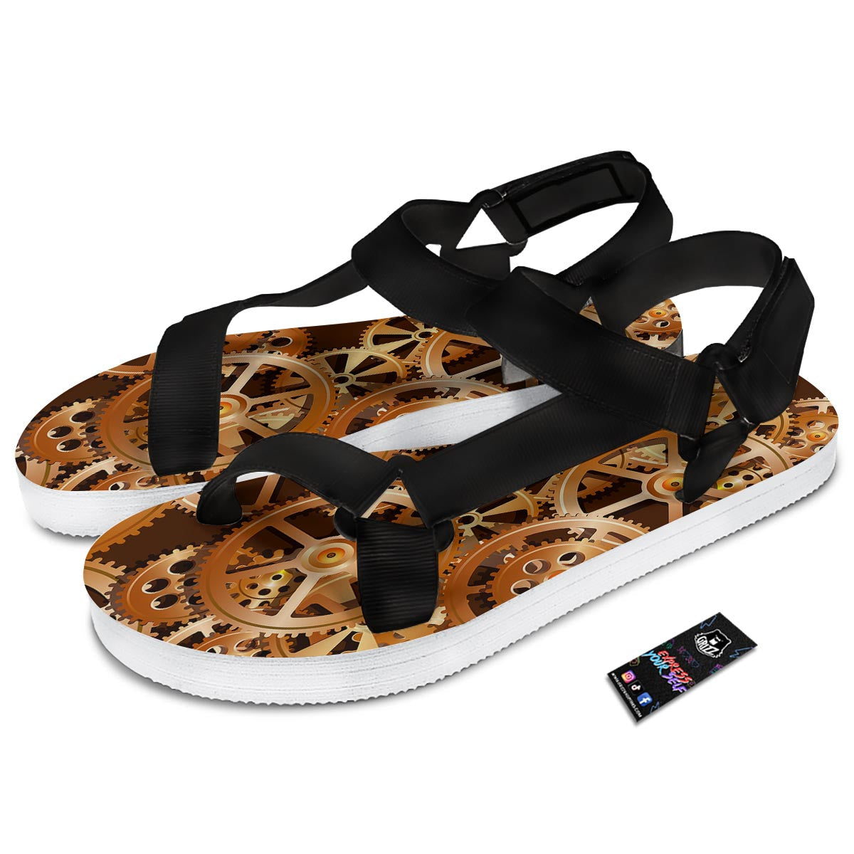 Gears And Steampunk Cogs Print Black Open Toe Sandals-grizzshop
