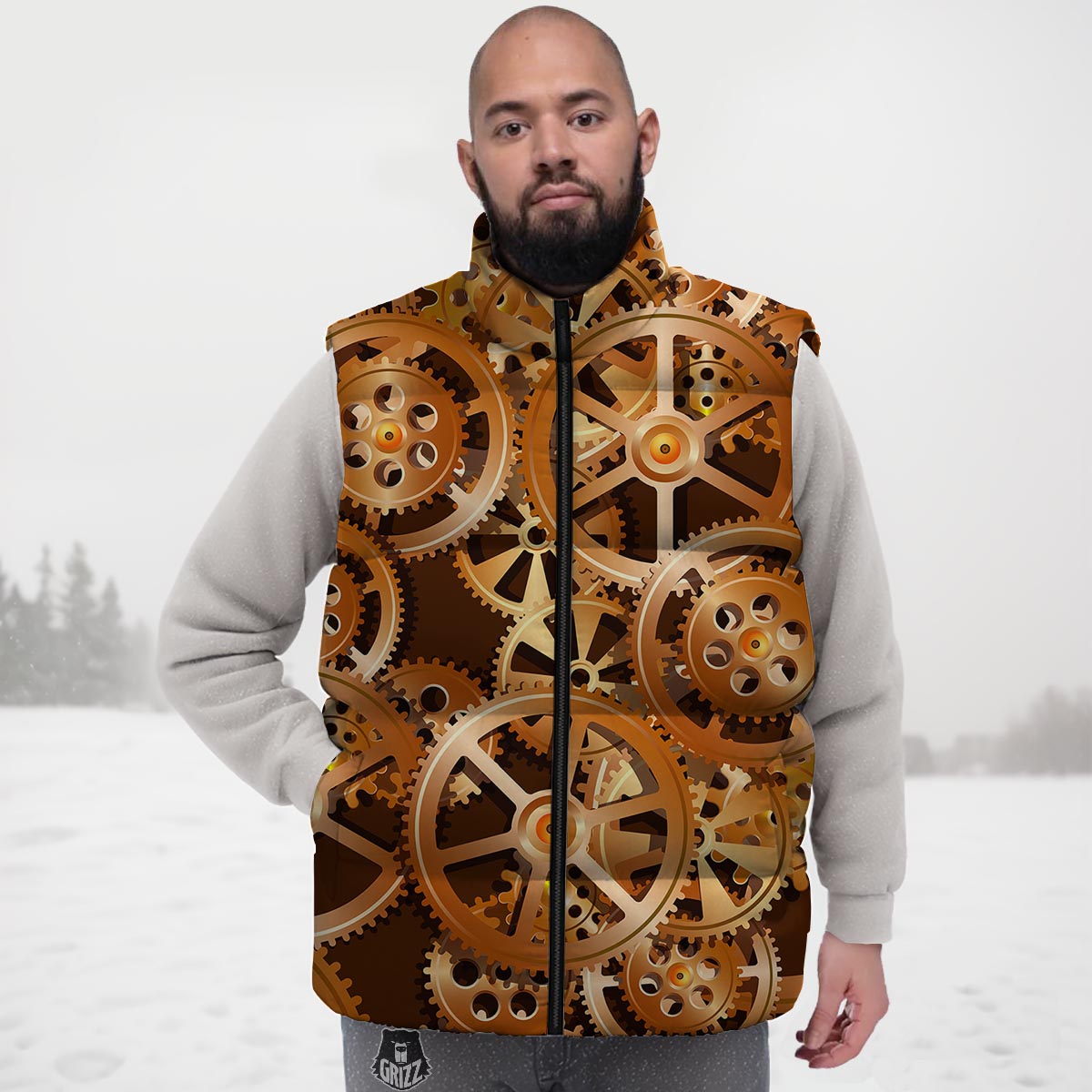 Gears And Steampunk Cogs Print Down Vest