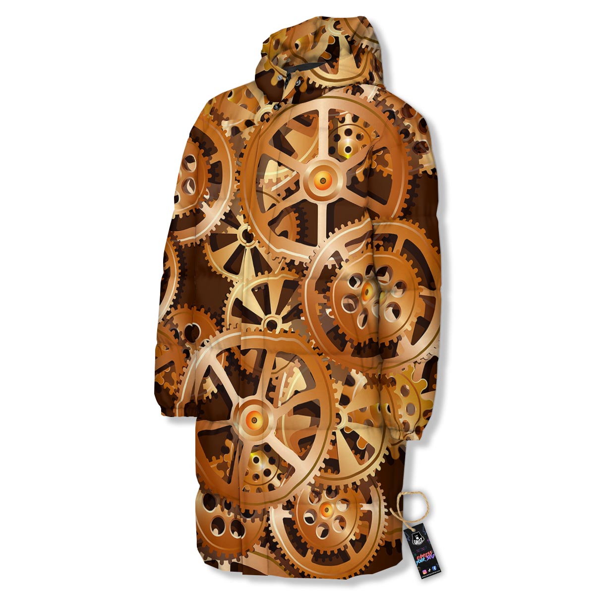 Gears And Steampunk Cogs Print Long Down Jacket-grizzshop